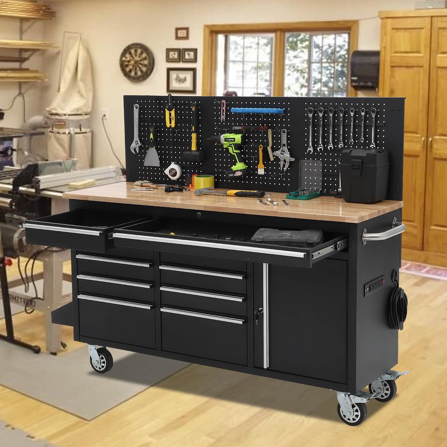 61-inch Rolling Tool Chest, 10 Drawers Garage Workbench Storage Tool Cabinet with Power Strip, Solid Rubber Wood Top, 1675 LBS Load Mobile Workstation, Heavy Duty Rolling Cabinet