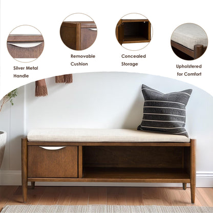 Ink+Ivy Arcadia Entryway Accent Bench with Shelf Shoe Rack, Padded Seating Bench for Living Room, Modern Compact Bed End Bench with Storage for Bedroom Seating, Removable Cushion, 42" W, Walnut Brown