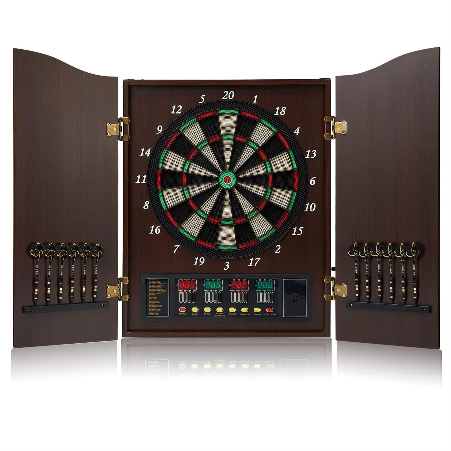 Electric Dartboard Set with Cabinet - Wooden Doors, LED Display, 12 Darts, 88 Soft Tips - 27 Games, up to 16 Players - Automatic Scoring Dart Board