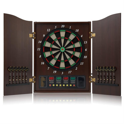 Electric Dartboard Set with Cabinet - Wooden Doors, LED Display, 12 Darts, 88 Soft Tips - 27 Games, up to 16 Players - Automatic Scoring Dart Board