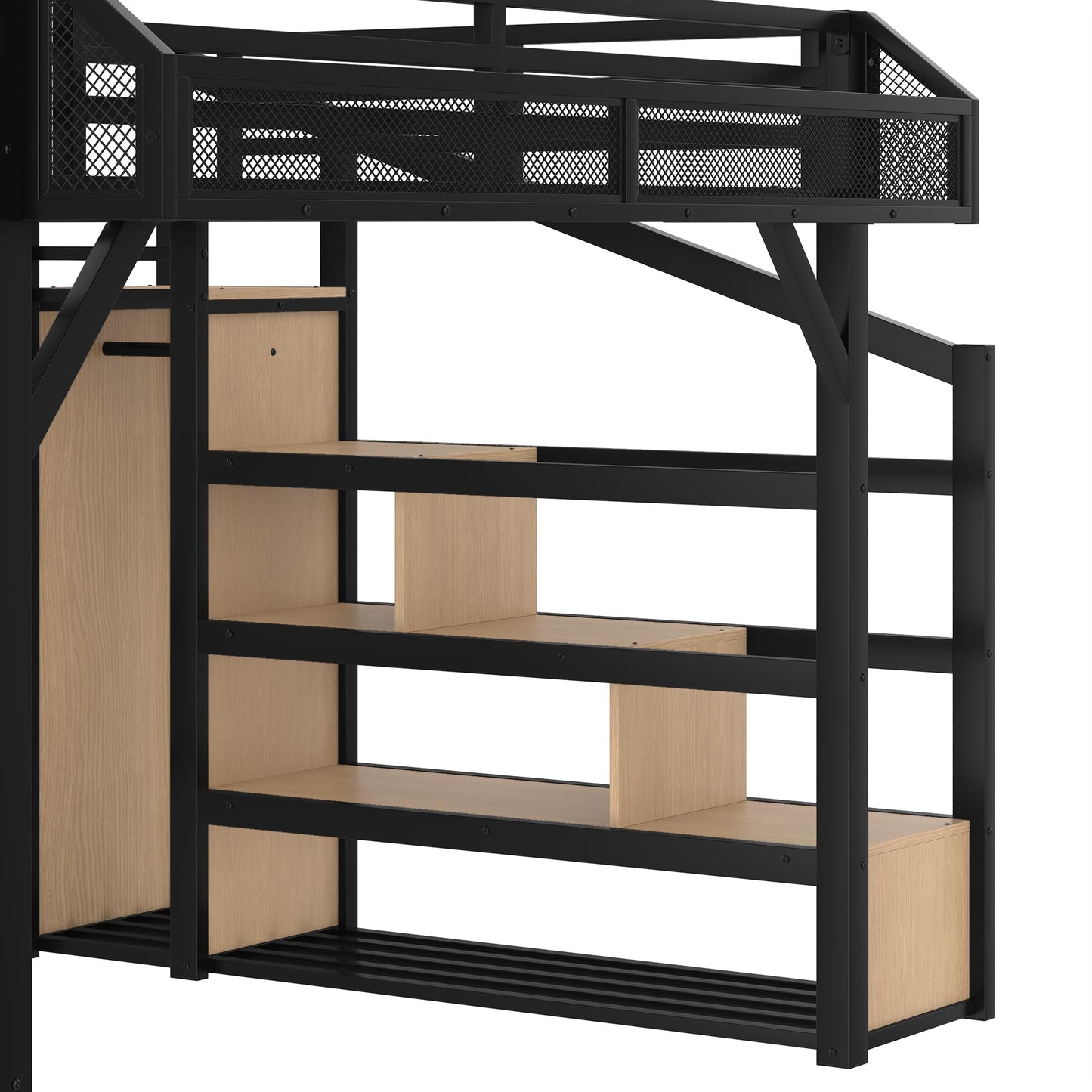 Bellemave Queen Size Loft Bed with Storage Stairs, Beside Shelves and Wardrobe, Queen Metal Loft Bed Frame with USB Ports and LED Lights, Large Under-Bed Space, for Adults,Teens,Boys,Girls, Natural