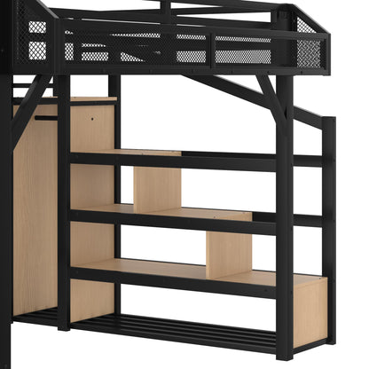 Bellemave Queen Size Loft Bed with Storage Stairs, Beside Shelves and Wardrobe, Queen Metal Loft Bed Frame with USB Ports and LED Lights, Large Under-Bed Space, for Adults,Teens,Boys,Girls, Natural