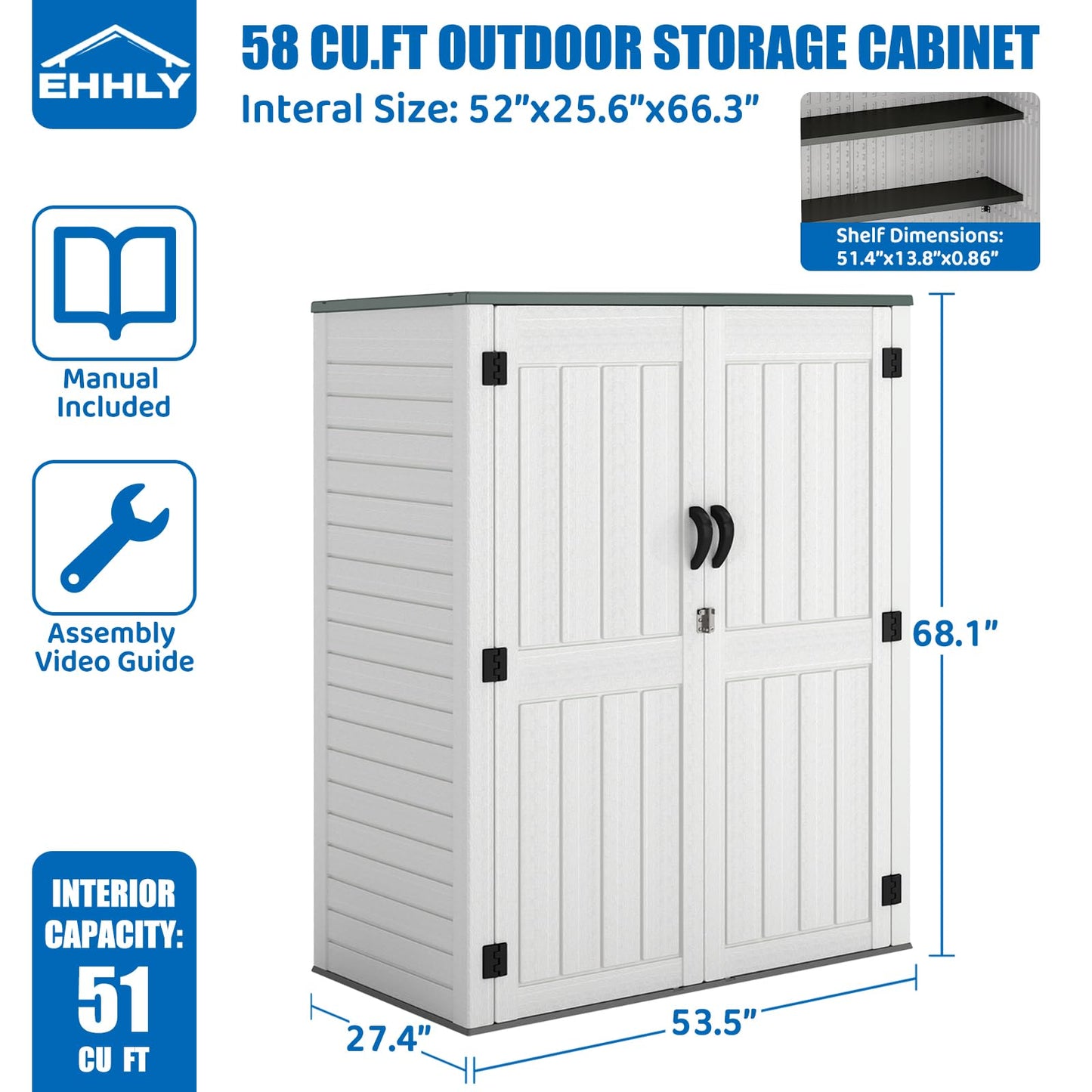 EHHLY Vertical Resin Storage Shed with 2 Shelves, 60 Cuft Garden Tool Sheds & Outdoor Storage, Plastic Outdoor Storage Cabinet Waterproof, 4.5 x 2.3 ft Outside Lawn Mower Storage Shed, Light Grey