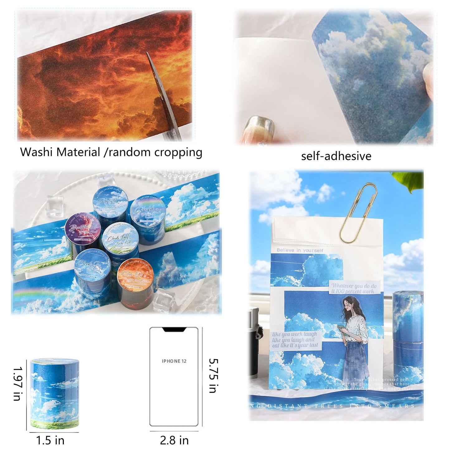 Lciyioc Washi Tape Set,3 Rolls Cloud Washi Tape Stickers for Journaling,Scrapbooking Supplies,Junk Journal,Notebook,Phone Case,Photo Frame,Calendar(Colorful Flowing Clouds)