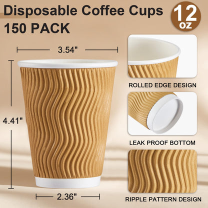 SIUQ Coffee Cups 12 oz 150 Pack, Insulated Ripple Wall Paper Coffee Cups 12 oz, Disposable Coffee Cups, Hot Beverage/Cold Drinking Cups for Office,Home,Party,Cafe,Picnic,Travel (Champagne)