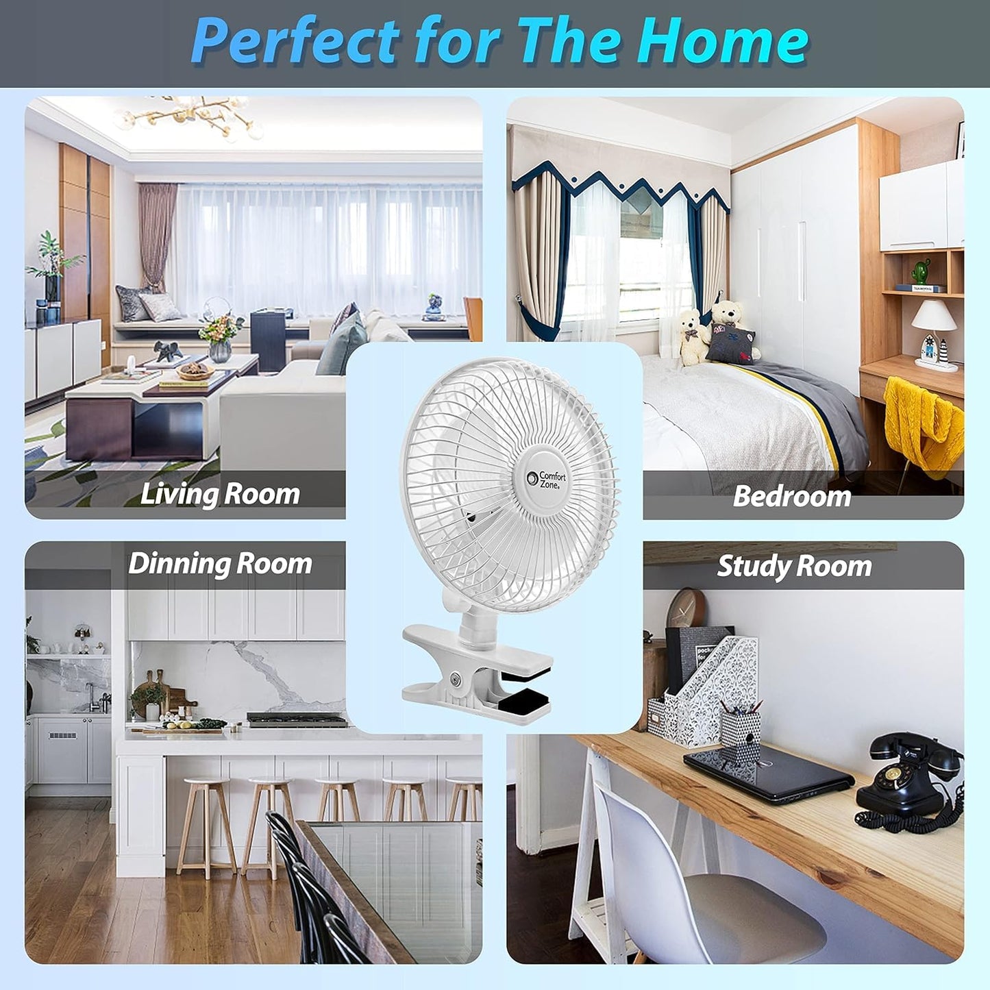 Comfort Zone Portable Clip on Fan, 6 inch Stroller Fan with Fully Adjustable Tilt, Quiet 2 Speed Bedside Fan, Mini Desk Fan, Table Fan, Easily Clip on to Desk, Stroller or Bedroom Nightstand, Black
