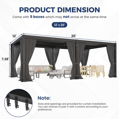 12' x 20' Louvered Pergola, Outdoor Pergola with Metal Adjustable Louvered Roof & Gutter System, Hardtop Patio Gazebo for Backyard, Patio, Garden, Dark Gray