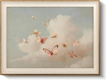 12x16 Inch VIYYIEA Framed Moody Wall Art Butterfly Wall Decor, Dreamy Farmhouse Canvas Painting, Pink Cloudy Butterfly