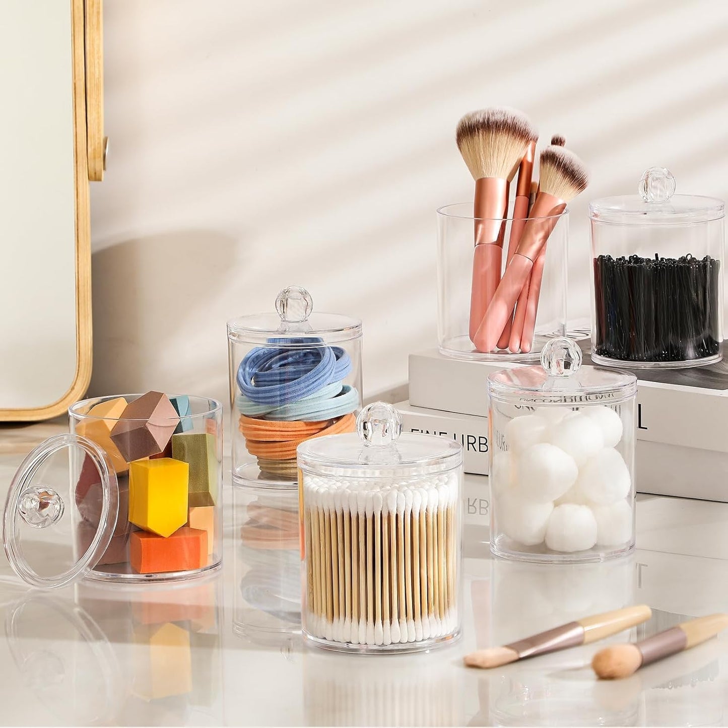 Skiennix Acrylic Qtip Holder Dispenser - 4 Pack Clear Canisters for Cotton Swabs & Makeup Storage