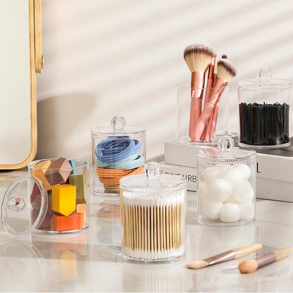 Skiennix Acrylic Qtip Holder Dispenser - 4 Pack Clear Canisters for Cotton Swabs & Makeup Storage