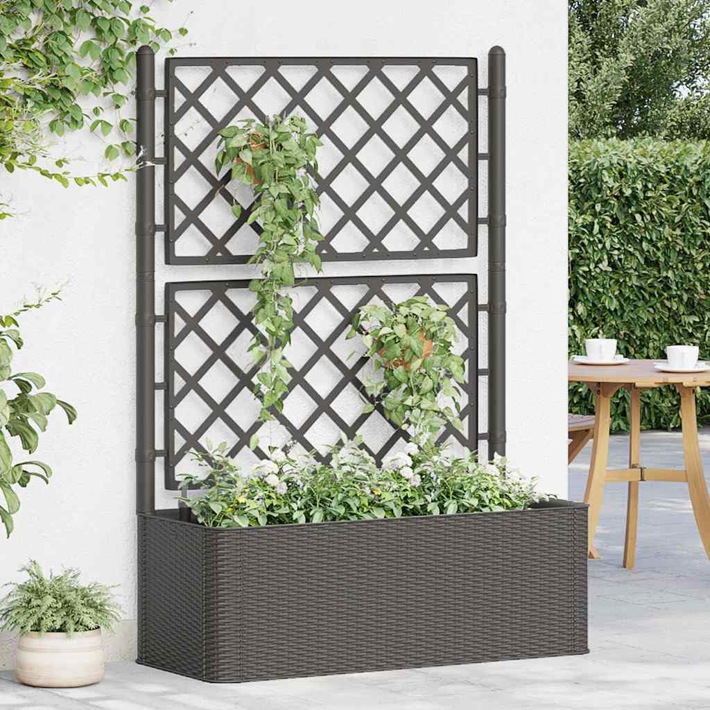 Yamxder 39.4x16.9x55.9 in Anthracite Plastic Raised Garden Bed with Trellis, Self-Watering Planter for Climbing Plants, Large Outdoor Planter Box for Patio Balcony