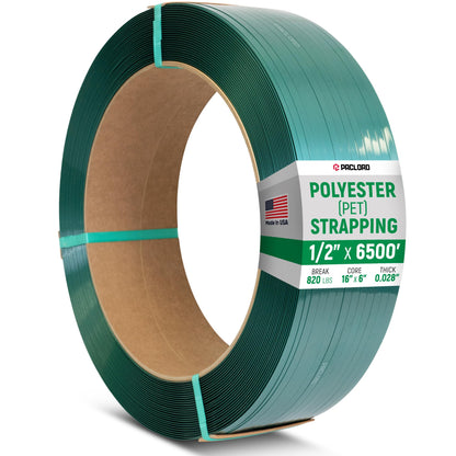 Paclord 1/2" x 6500' Industrial-Grade Polyester (PET) Strapping Coil, 0.028" Thickness, 16" x 6" Core, 820 lbs Break Strength - Green Pallet Banding Strap – Excellent Weather Resistant