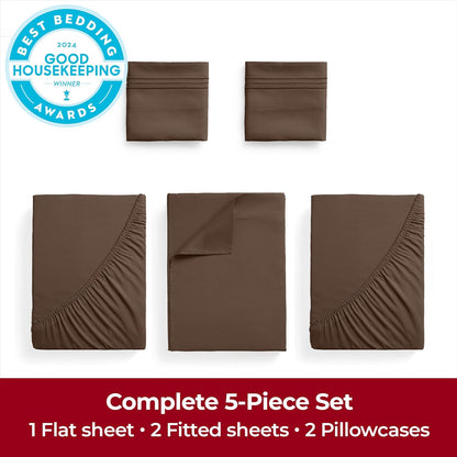 Mellanni Extra Deep Split King Sheets - Hotel Luxury, Ultra Soft & Cooling Bedding - 5 PC Set in Brown
