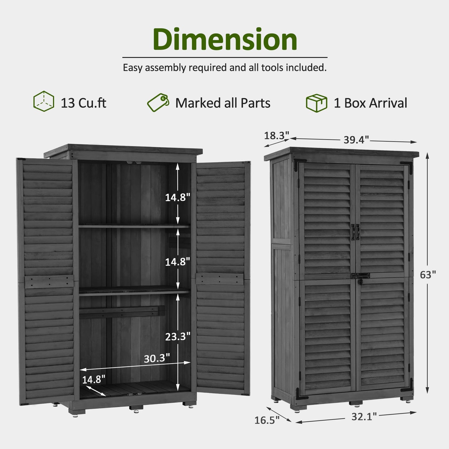 MCombo Outdoor Storage Cabinet, Garden Storage Shed, Outside Vertical Shed with Lockers, Outdoor 63 Inches Wood Tall Cabinet for Yard and Patio 0870 (Grey)