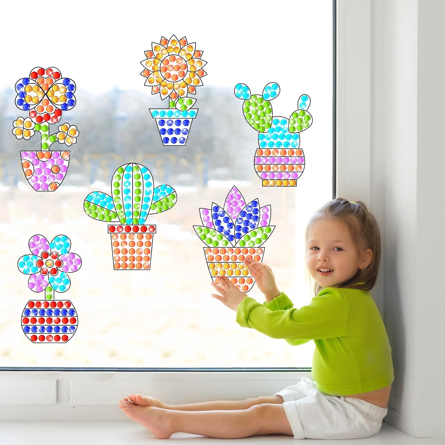 Qyeahkj 6Pcs Spring Arts Crafts Kit for Kids DIY Window Suncatcher Potted Gemstone Stickers Plant Gem Diamond Painting Gifts for Girls Boys School Home Activity Birthday Party Supplies