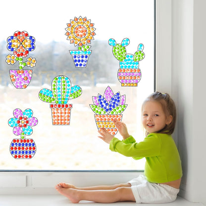 Qyeahkj 6Pcs Spring Arts Crafts Kit for Kids DIY Window Suncatcher Potted Gemstone Stickers Plant Gem Diamond Painting Gifts for Girls Boys School Home Activity Birthday Party Supplies