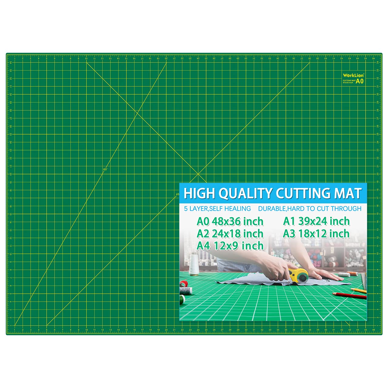 WorkLion 36" x 48" Self Healing Cutting Mat: Double sided 5-Ply Non-Slip - Professional for Scrapbooking & Quilting & Sewing & Arts & Crafts Project (Green)…