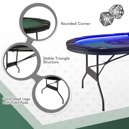 Giantex 10 Players Poker Table with Cup Holder, Folding Casino Leisure Table with 4 USB Ports, Extra Lights, Easy to Assemble, Foldable Game Poker Tables for Texas, Card Games (Green)