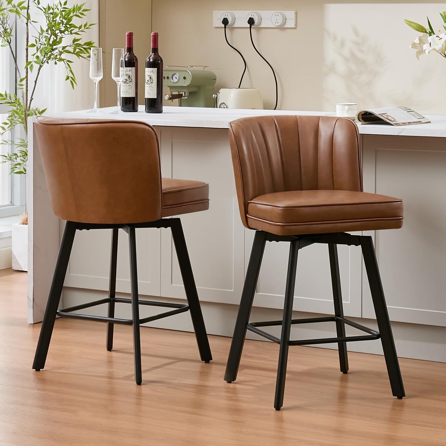 SAECKBERG Swivel Counter Height Bar Stools Set of 4, 26'' Modern Barstools with Backs and Metal Legs, Upholstered Bar Chairs, Faux Leather Dark Brown Stools for Kitchen Island Chairs