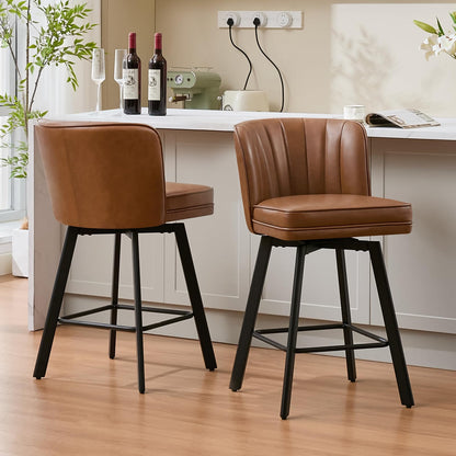 SAECKBERG Swivel Counter Height Bar Stools Set of 4, 26'' Modern Barstools with Backs and Metal Legs, Upholstered Bar Chairs, Faux Leather Dark Brown Stools for Kitchen Island Chairs