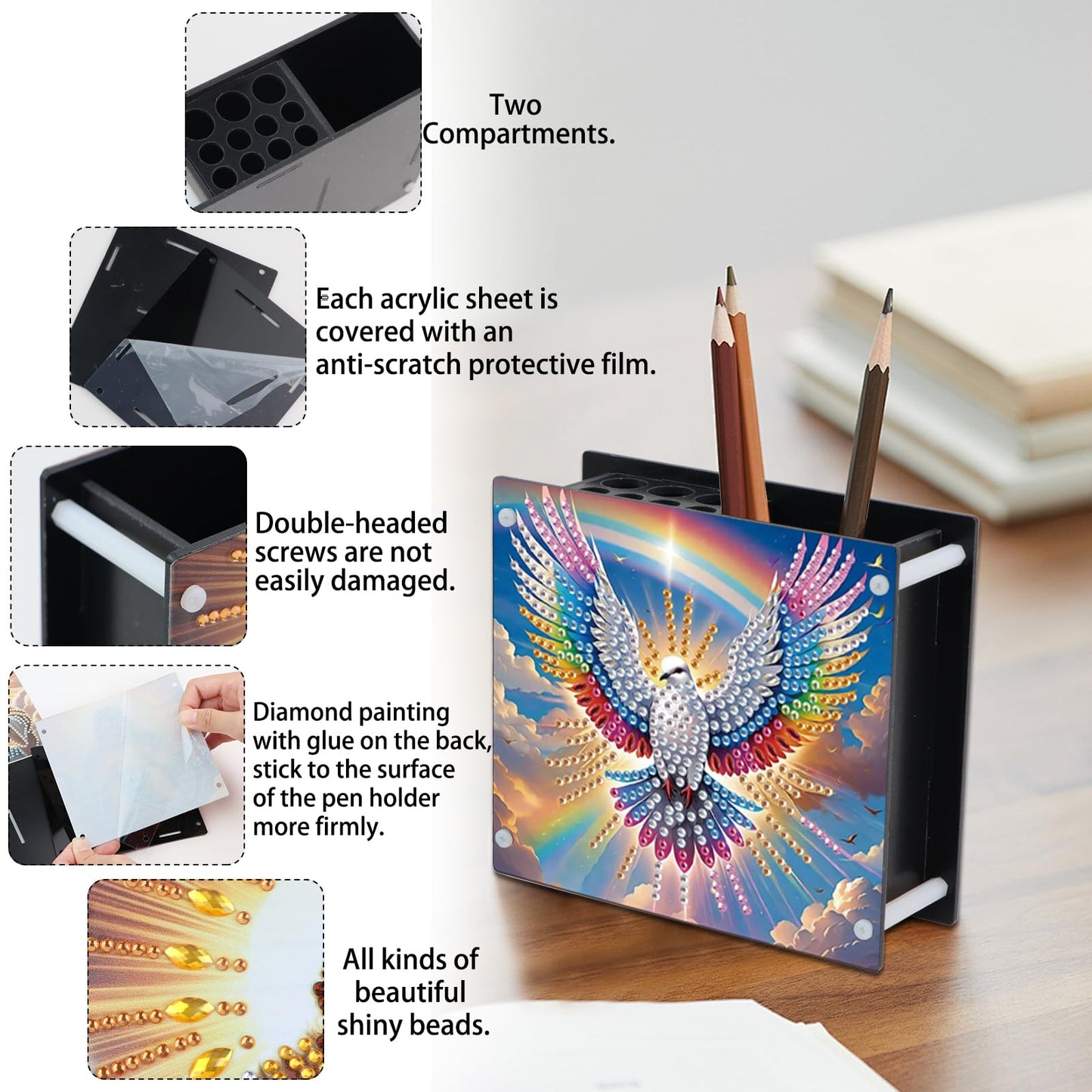DIY 5D Diamond Painting Pen Holder – Peaceful Rainbow Dove Pencil Cup for Inspirational Decor, Acrylic Diamond Art Pen Holder Organizer, 5D DIY Desk Organizer with Beads, for Craft Desk or Gift