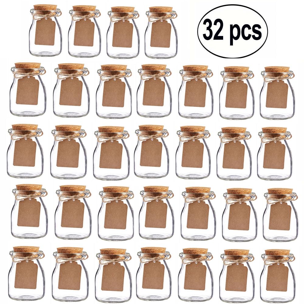 Bodosac 32 Pack Glass Favor Jars with Cork Lid, 3.4 oz Small Glass Bottles for Wedding Favor, Party Favor, Gift Jars for Candy, Twine and Labels 100 ML