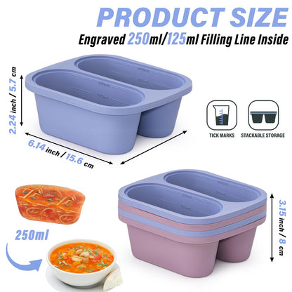 Mossime Silicone Soup Freezer Molds: 1 Cup Silicone Freezer Trays with Lid - 4 Packs Easy Release Soup Freezer Containers - 250ml 125ml Portion Large Cubes for Ice Soup (4, Blue/Purple)