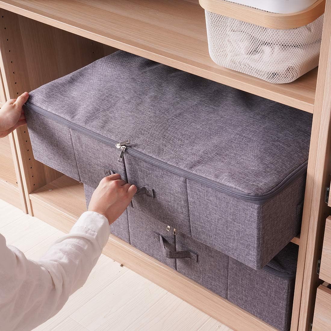 Underbed Storage Boxes for Bedding, Garment, Duvets, Blankets, Shoes, Folding Fabric Rigid Bins with Zip Lid, Washable