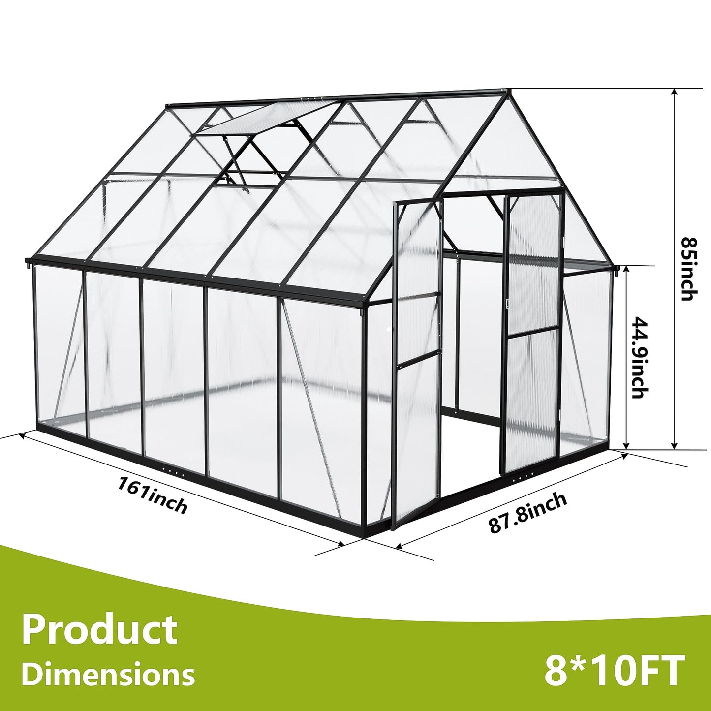 ASJMR 8×10 PC Outdoor Greenhouse, Green Houses for Outside with Aluminum Frame, Lockable Door & Adjustable Roof Vent - Heavy Duty Green Houses for Outside, Backyard, Garden, Patio Use (8×10)