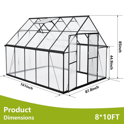 ASJMR 8×10 PC Outdoor Greenhouse, Green Houses for Outside with Aluminum Frame, Lockable Door & Adjustable Roof Vent - Heavy Duty Green Houses for Outside, Backyard, Garden, Patio Use (8×10)