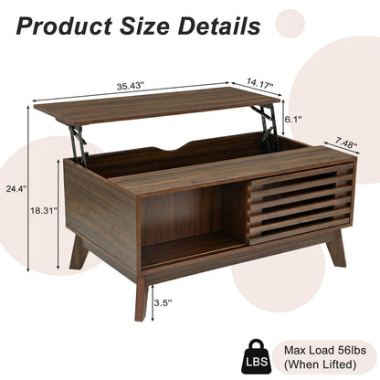 KEIKI Lift Top Coffee Table, Mid-Century Modern Tea Tables with Hidden Storage, Slatted Sliding Door Center Drink Desk w/Lifting Top, Accent Side Cafe Desks for Living Room, Easy Assembly, Walnut