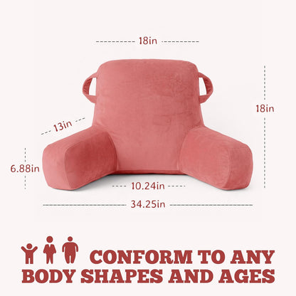 Unisakey Portable Comfy Reading Pillows for Bed Sitting Up(Dark Pink Oeko-Tex), Velvet Back Pillow with Arms & Pockets