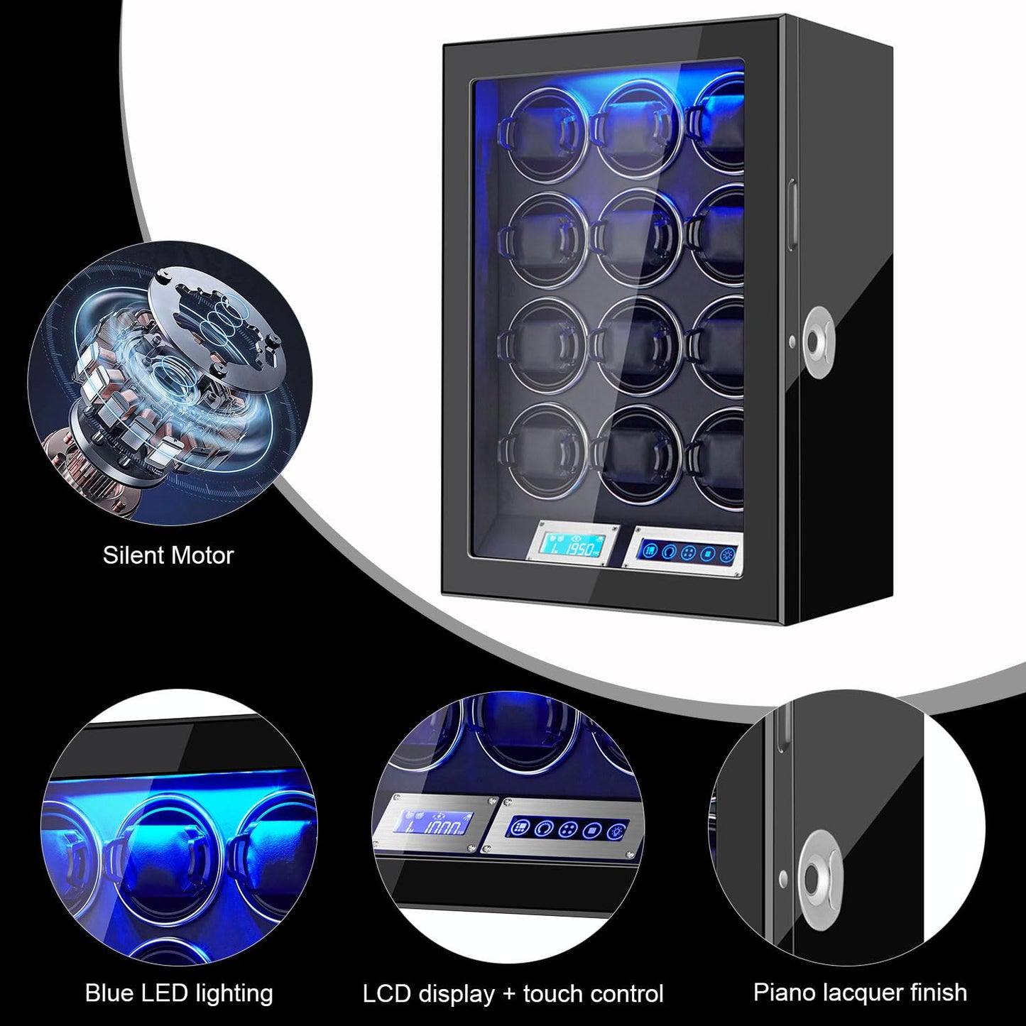GCCRGRC Watch Winder 12 Slots Automatic Watches,Ultra-Quiet Japanese Motors, Built-in LED Illumination and LCD Touchscreen Control-Fingerprint Lock