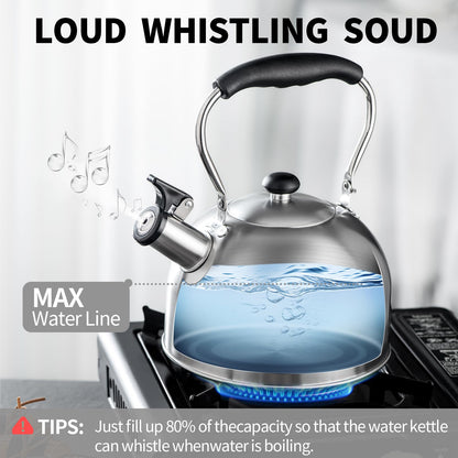 Whistling Tea Kettle – 2.64 Quart Stovetop Teapot, Stainless Steel Water Kettle for Camping & Kitchen, Foldable Handle – Perfect for Coffee & Tea