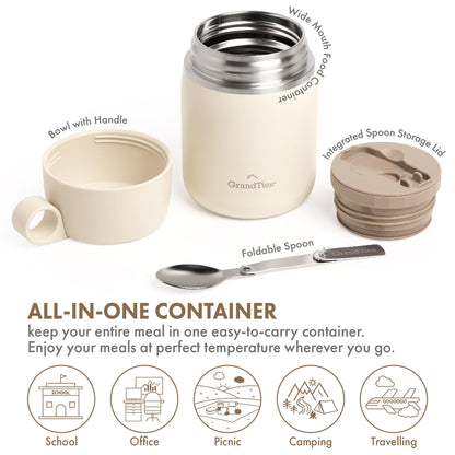 GRANDTIES Insulated Food Jar, 20 oz Wide Mouth Thermo BPA Free Stainless Steel Container for Hot Food with Carry Handle Bowl Cap & Foldable Spoon, Leakproof for Lunch To Go Meals (Ivory White)