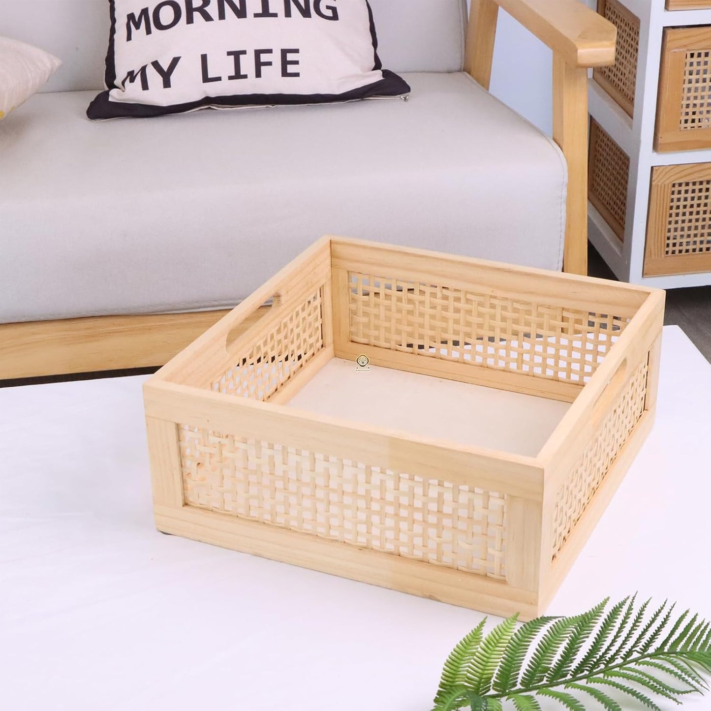 YRMT Wood Storage Crate Basket - Rustic Wooden Container for Organizing, Decorative Bamboo Box with Handles 11.4" x