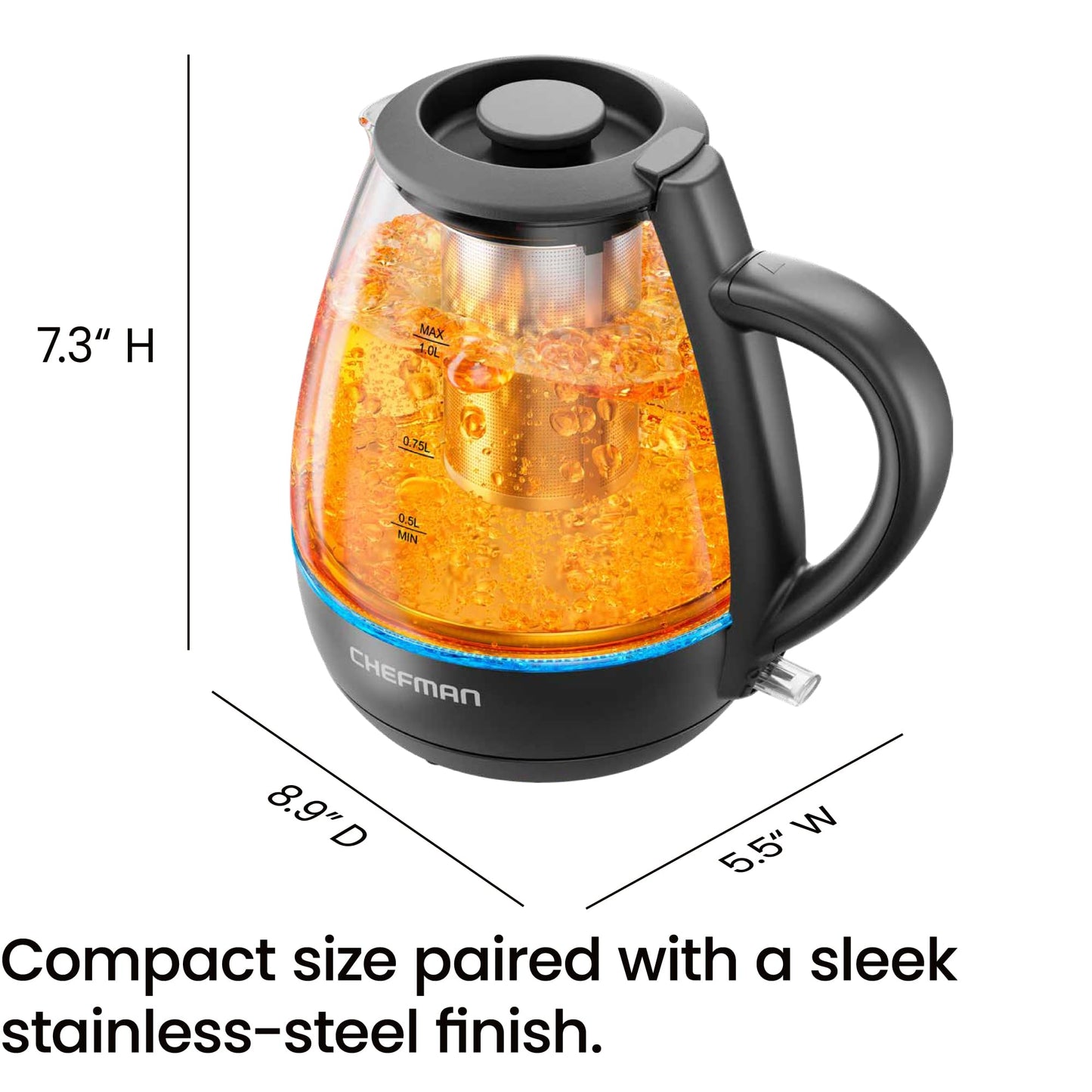 Chefman Electric Kettle with Tea Infuser, Compact 1L (4 Cups), 1500W, Removable Lid for Easy Cleaning, Boil-Dry Protection, Stainless Steel Filter, BPA Free, Auto Shut Off, Small Electric Tea Kettle