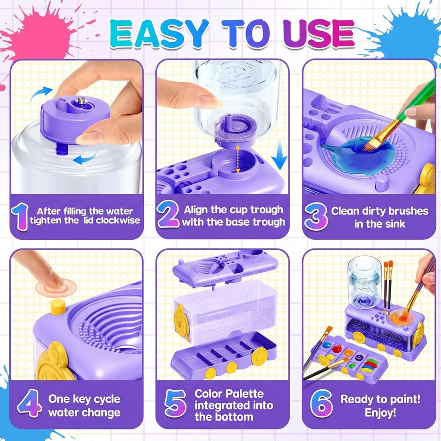 Paint Brush Cleaner with Press-to-Clean Design, All-in-1 Brush Rinsing Station with Built-in Holder & Tray, Water Dispenser for Acrylic Watercolor Painting, Art Supplies Gift for Artists Kids Adults