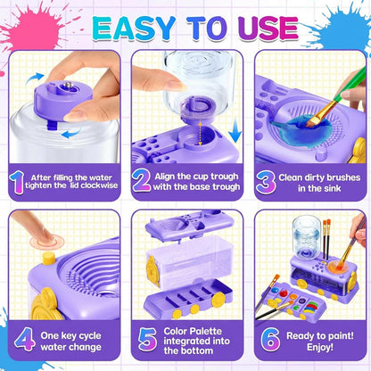 Paint Brush Cleaner with Press-to-Clean Design, All-in-1 Brush Rinsing Station with Built-in Holder & Tray, Water Dispenser for Acrylic Watercolor Painting, Art Supplies Gift for Artists Kids Adults