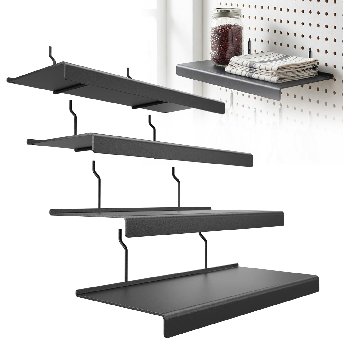 JUGGHOME 4 Pack Pegboard Shelves,10x4.3 Inch Metal Peg Board Shelving,Pegboard Accessories for Storing or Displaying,Pegboard Shelf Brackets for Retail Display Shelves,Garage Organizer,Home Storage