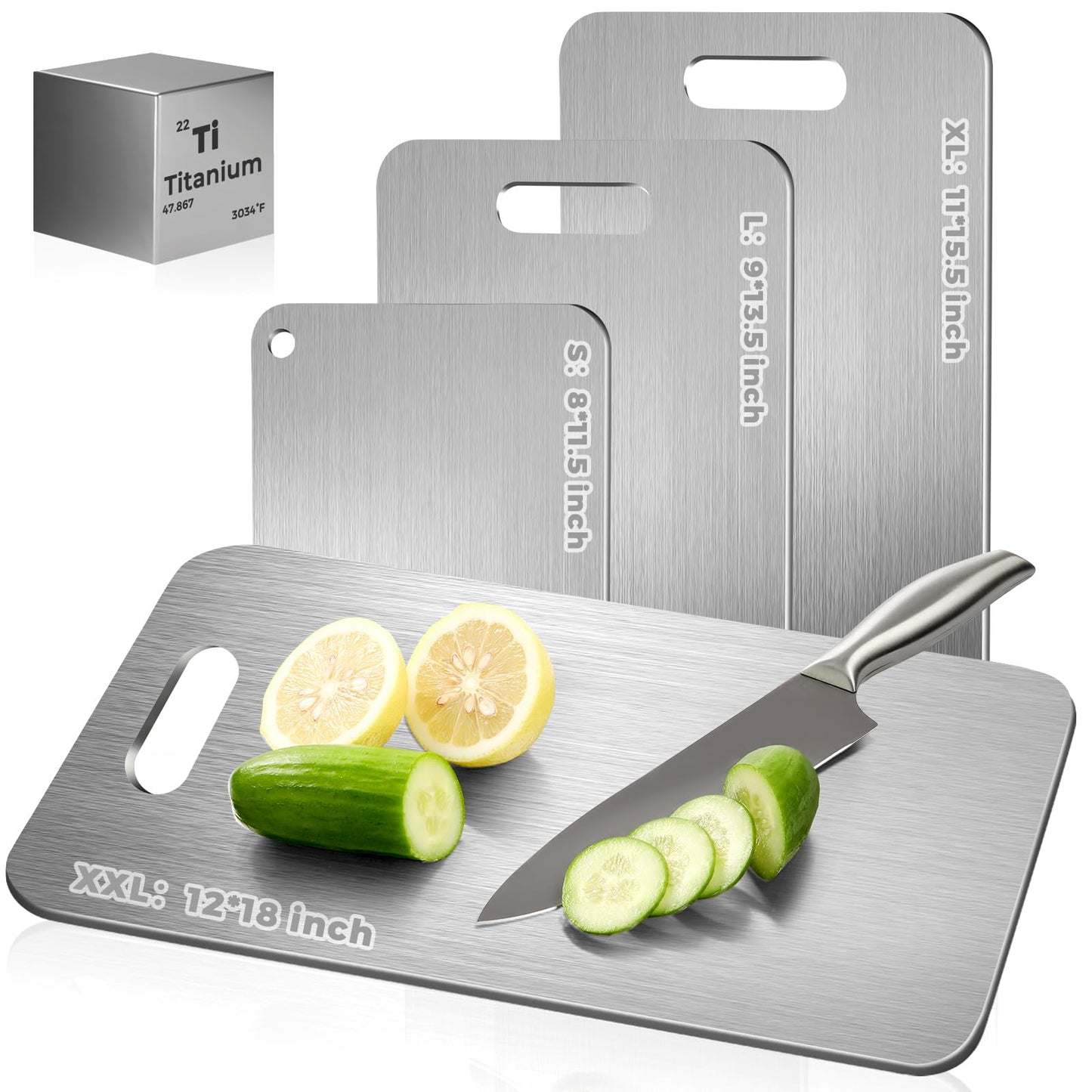 Katuchef Titanium Cutting Board - Upgraded 100% Pure Titanium Cutting Boards for Kitchen Non Toxic, Double Sided Food Grade Hygiene Non Moldy Dishwasher Safe Meat Fruit Metal Board (2PC S+L)