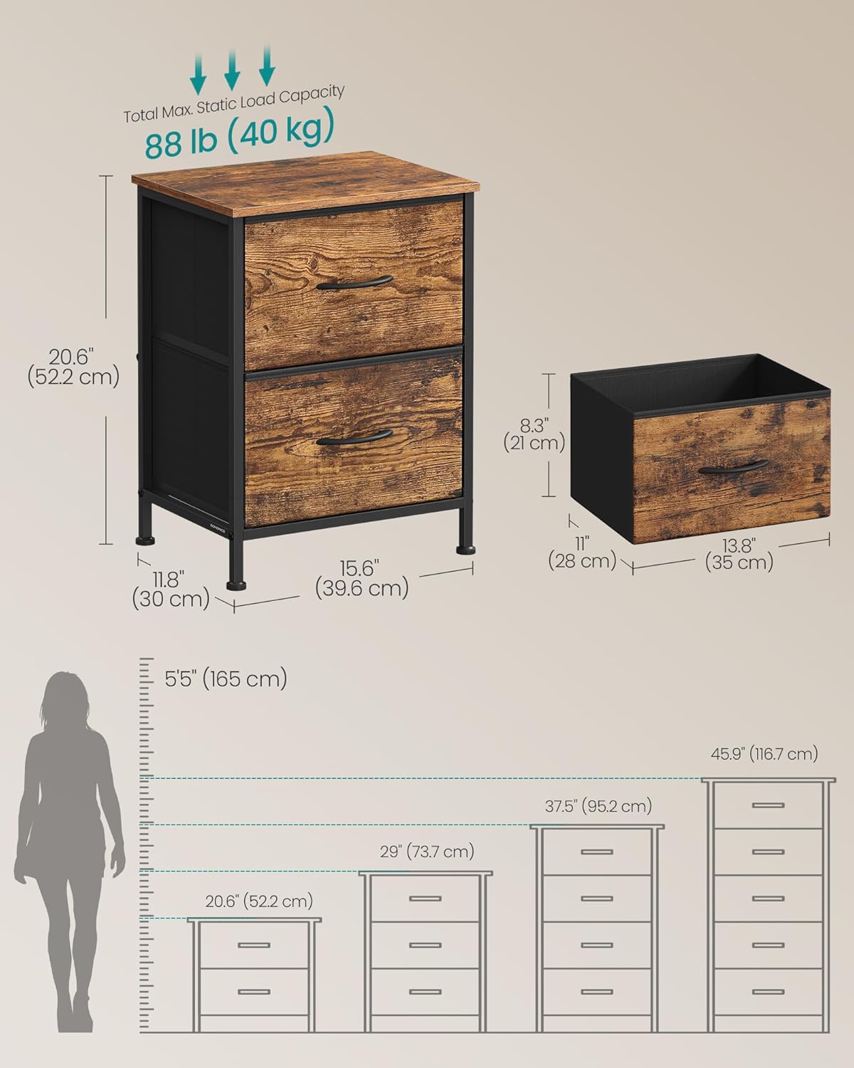 2 Closet, ULGS312B02S SONGMICS Dresser for Bedroom, Chest of Drawers, Nightstand, Steel, MDF, Non-Woven Fabric Drawers