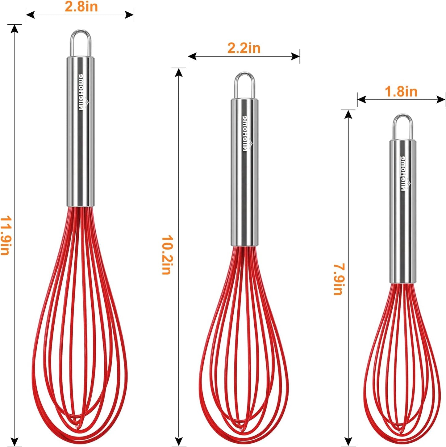 NileHome Commercial Stainless Steel Whisk Set, 3 Pack Small Whisks (8" 10" 12") with Silicone Non-Stick Coating (Red)