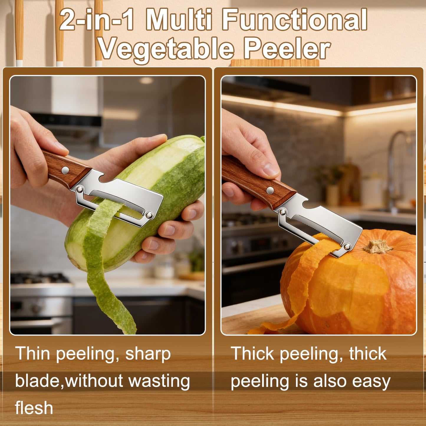 Multi-Functional Vegetable Peeler for Kitchen, With Wooden Handle and Bottle Opener, Comfortable and non-slip handle Stainless Steel Blade Easy to Clean for Fruit Potato Pumpkin Papaya (2 PCS)
