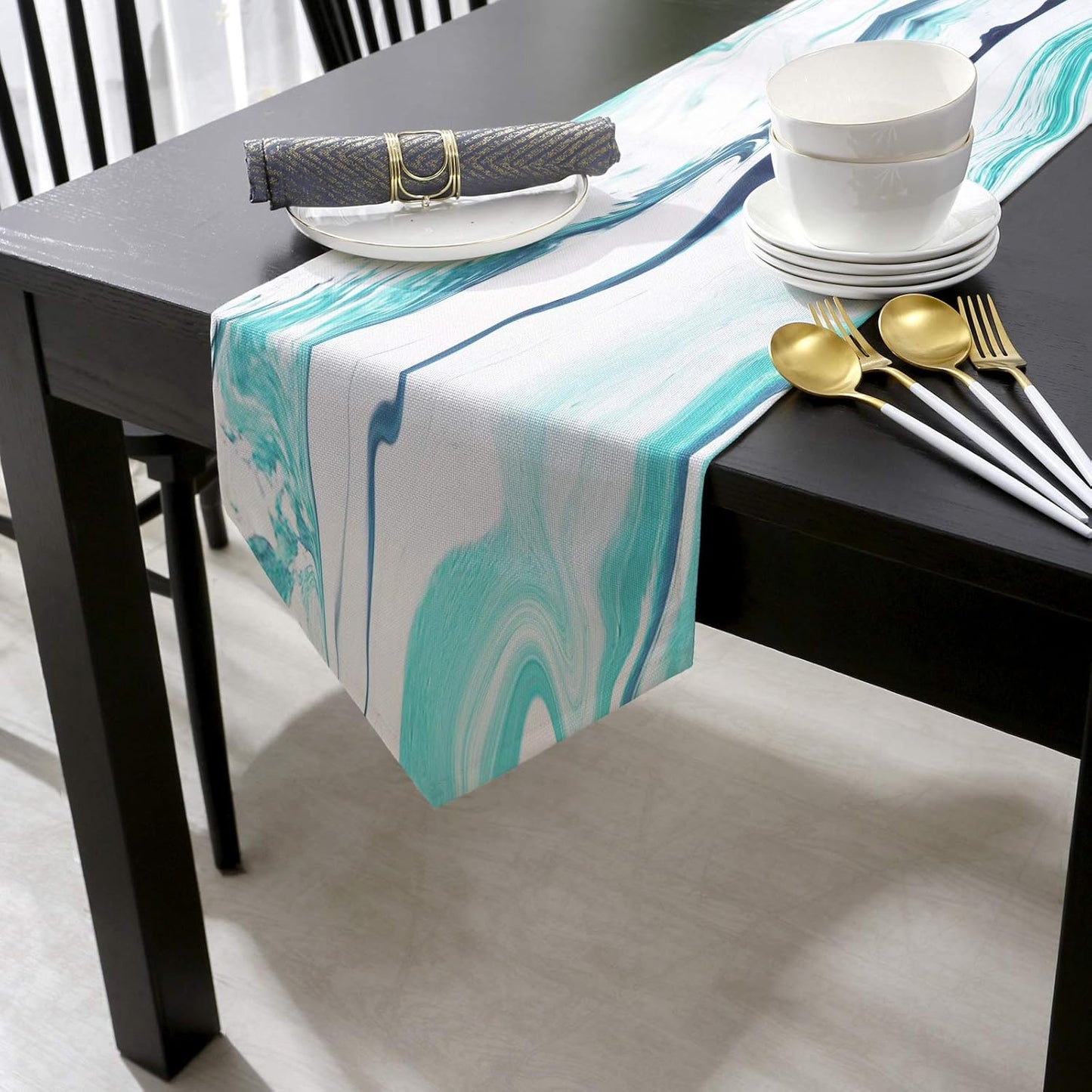 Cotton and Linen Triangle Table Runners, 90 Inches Long, Abstract Liquid Modern Turquoise Print for Table Decoration