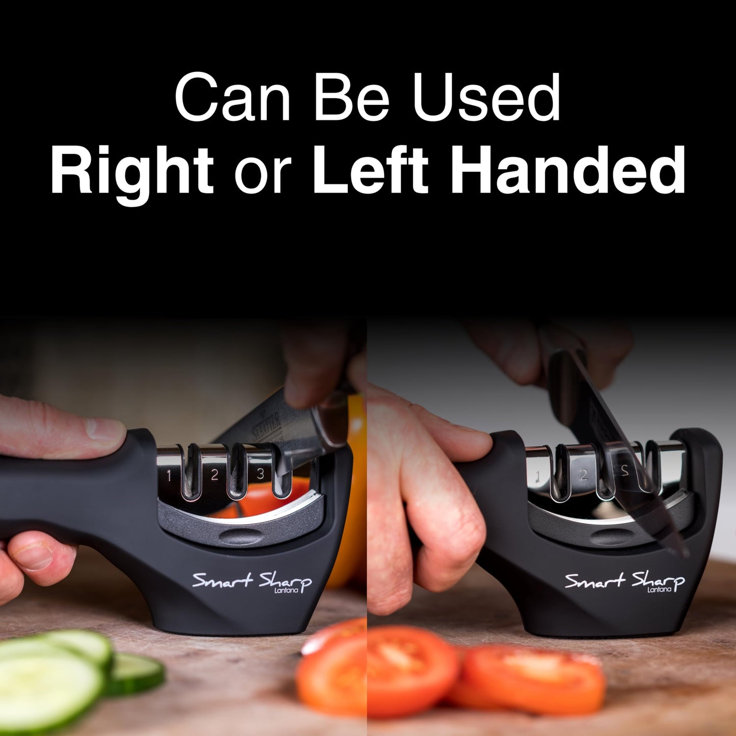 Lantana Knife Sharpener 'Smart Sharp' - Professional 3 Stage Manual Sharpener for Sharpening Kitchen Knives - Ceramic Stone, Tungsten Carbide Plates, Diamond rods. Ergonomic Design, Black/Chrome