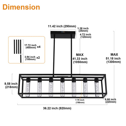 VINLUZ LED 7 Light Contemporary Dining Room Chandelier,Farmhouse Hanging Ceiling Kitchen Island Lighting in Matte Black Finish Rectangle Modern Pendant Light Adjustable Height