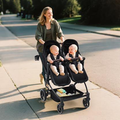 Double Stroller for Twins, Lightweight Side by Side Baby Stroller for Infant & Toddler, High Landscape Double Seat, One-Click Stroller with Adjustable Canopy, Reclining Seats & 5-Point Harness