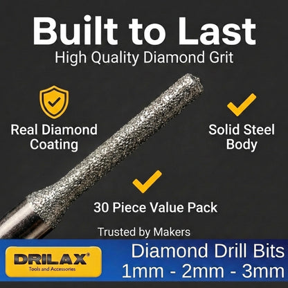 Drilax Diamond Drill Bits for Stone and Glass – 30 Pc Set (1mm, 2mm, 3mm) 1/8 Shank for Dremel & Rotary Tools – Jewelry Making, Gemstone, Sea Glass and Lapidary Drill Bits Kit