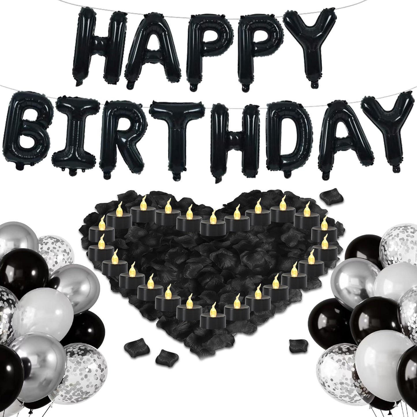 Birthday Decorations for Men - Black and Silver Birthday Decorations Include Letter Balloon Banner & Balloons & 1000 PCS Rose Petals & 24 Pack LED Tealight Candle, Black and Silver Party Supplies